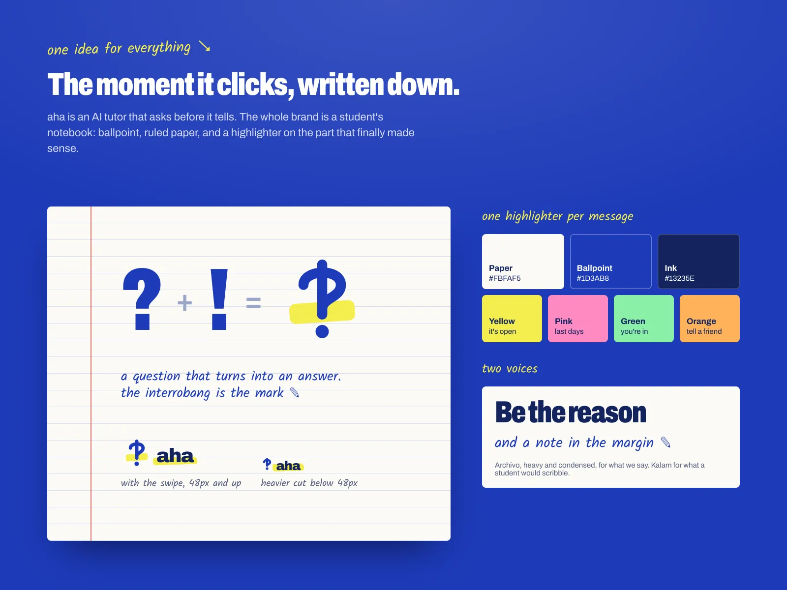 Brand board: the notebook palette, type and the interrobang mark