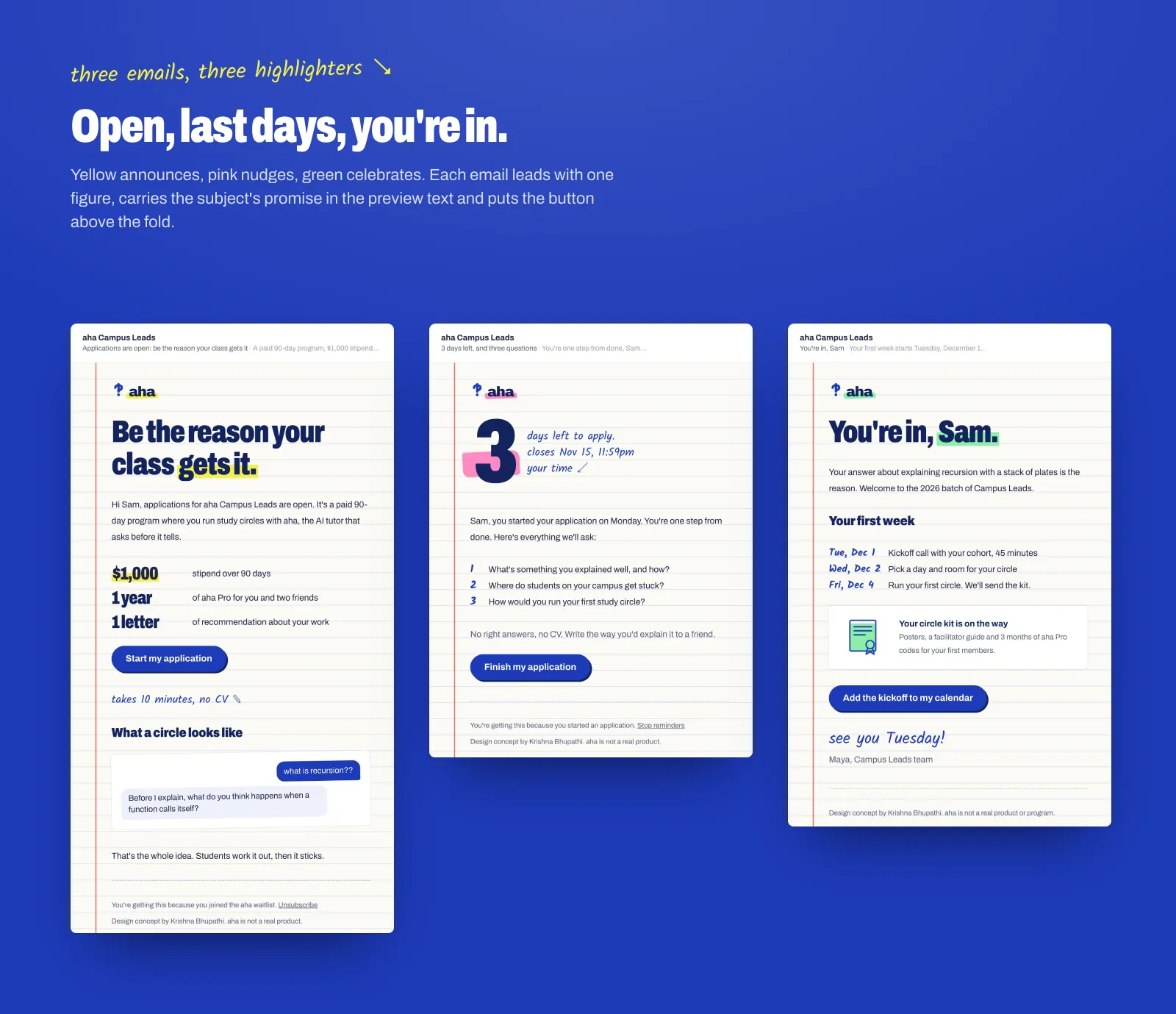 Three campaign emails, one highlighter colour each