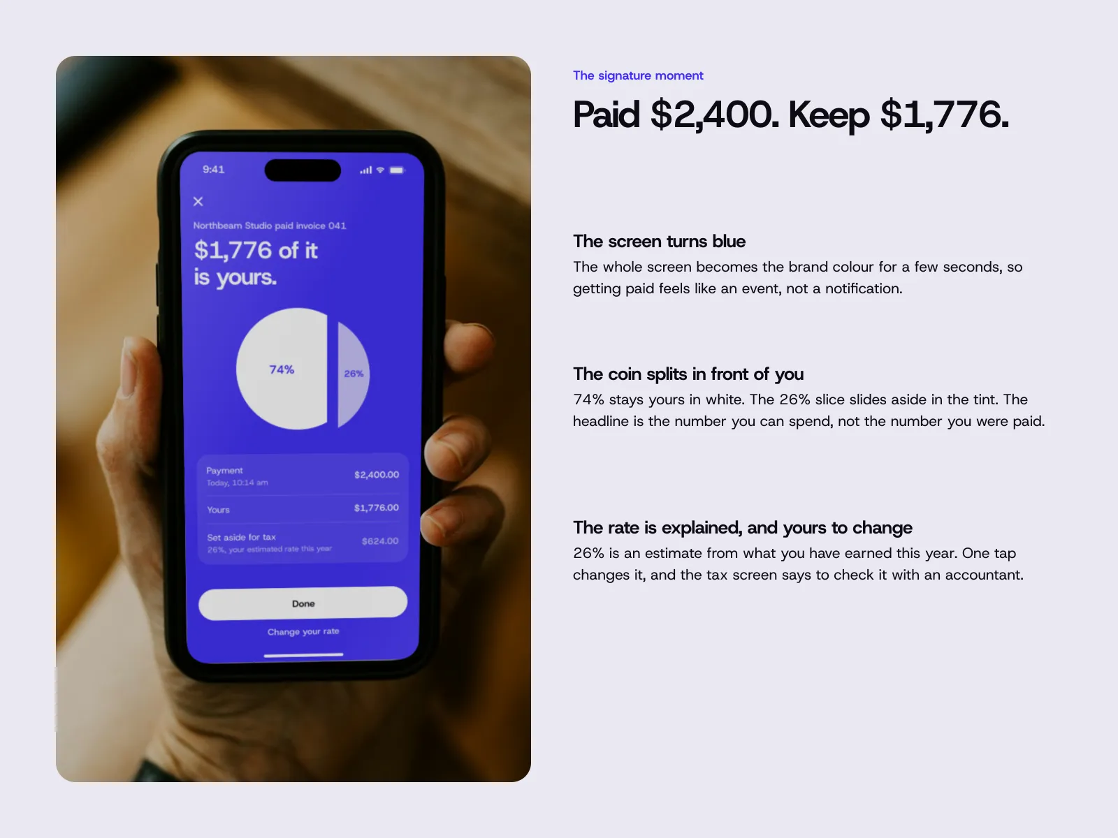 The paid screen: the coin splits and the headline is what you keep