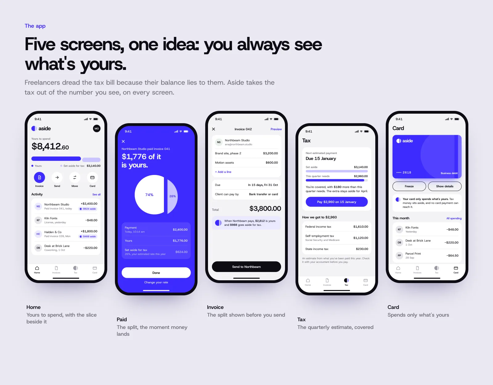 Five app screens: home, paid, invoice, tax and card