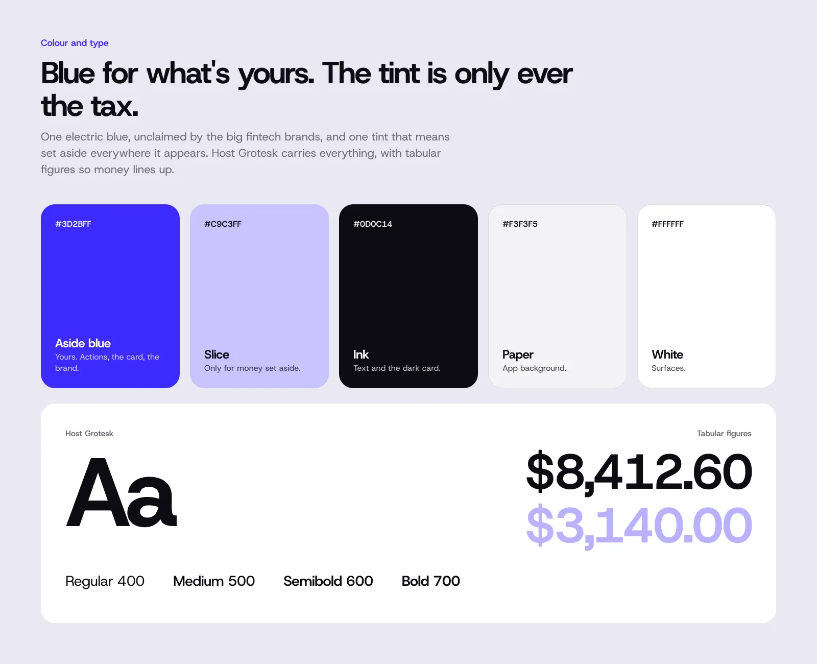 Colour and type: one blue for yours, one tint for set aside