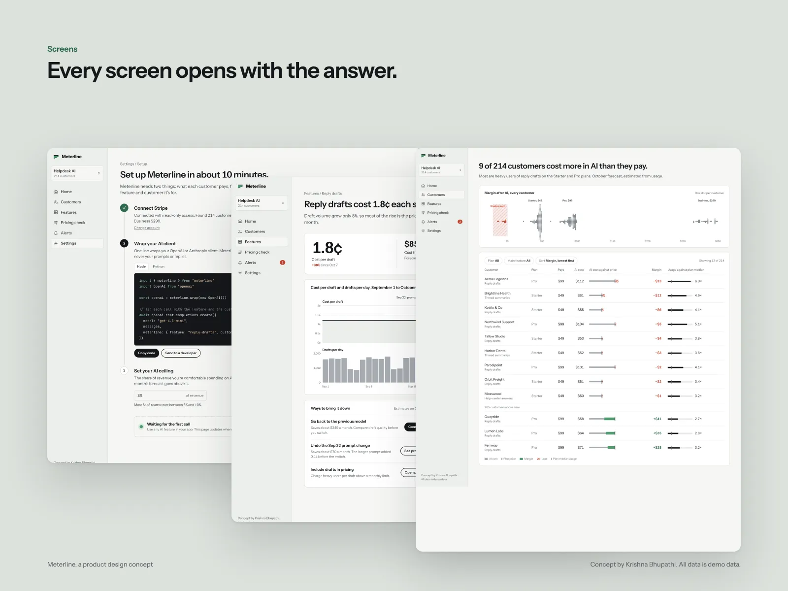 Desktop screens: overview, customers, pricing