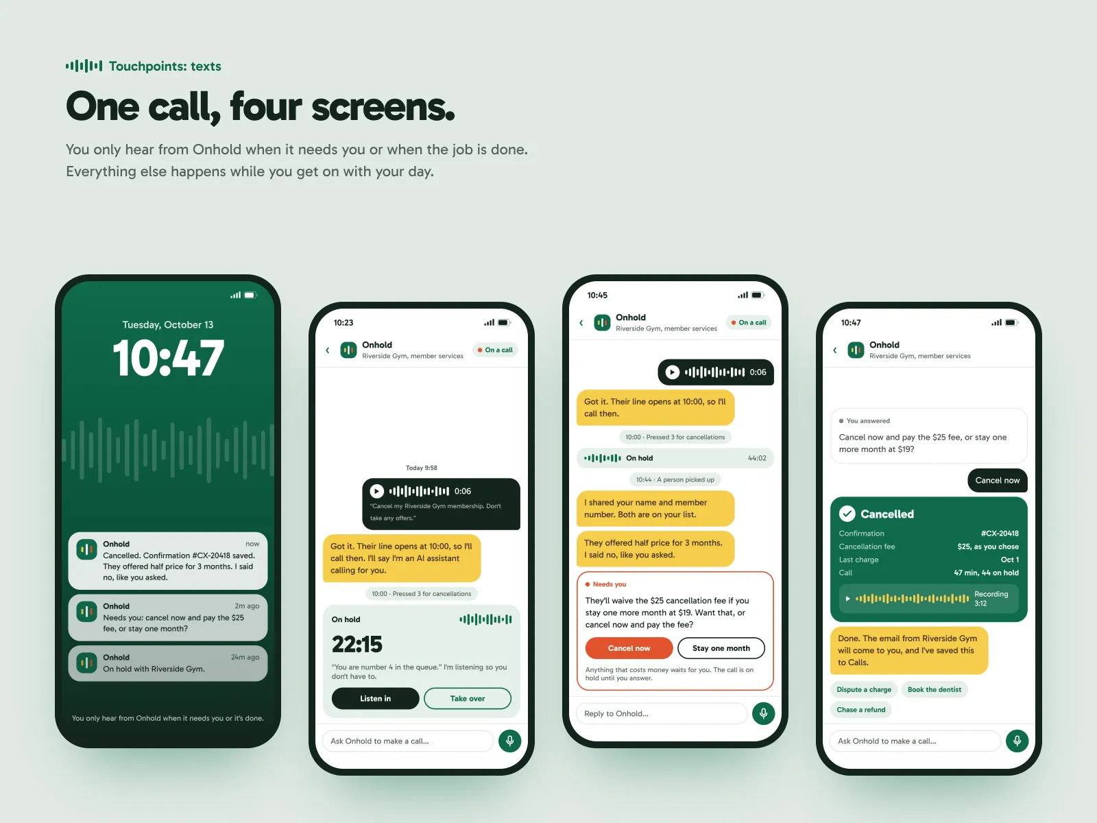 Four text-message screens from one call