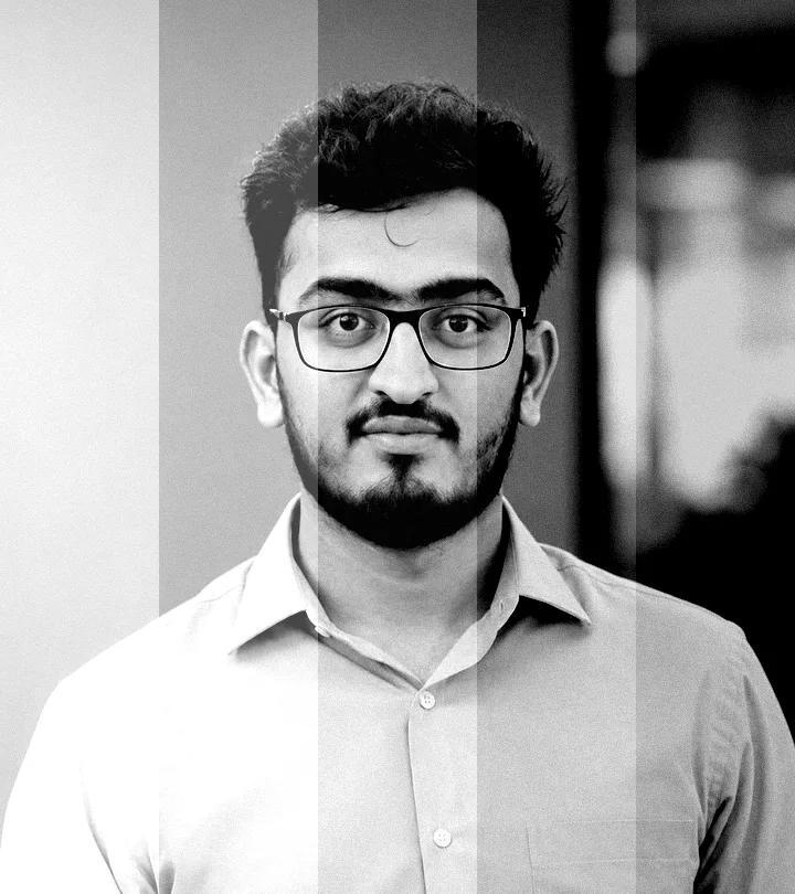 Portrait of Krishna Bhupathi as a darkroom test strip in five exposures, from 4 to 20 seconds